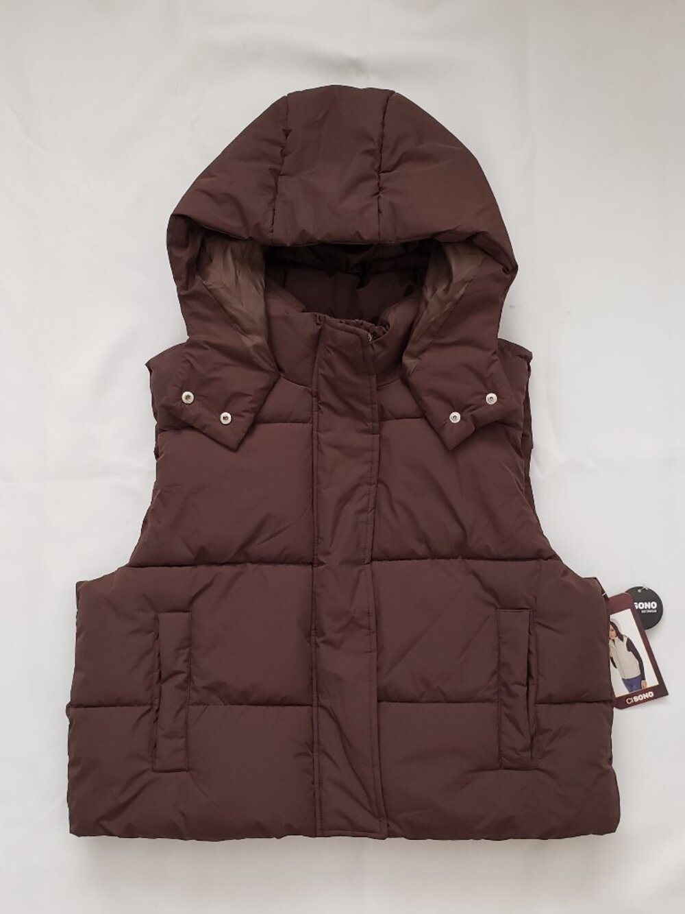 NWT Ci Sono size XL puff padded vest chocolate brown hooded pockets Fall Winter